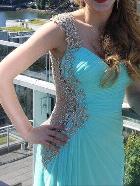 La Femme Aqua One-Shoulder Gown/Prom Dress
